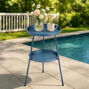 Navy Blue 2-Tier <b>Round</b> Metal Patio <b>Table</b> <b>Small</b> Indoor Outdoor <b>Coffee</b> Side End <b>Table</b> - Product Image 4