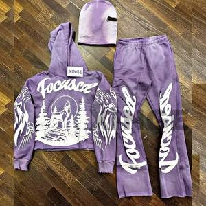 Conjunto de chándal de streetwear de peso pesado con logo digital personalizado, sudadera con capucha con cremallera y pantalones jogger acampanados holgados para hombre - Product Image 5