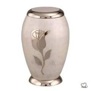 Elegant White Metal Cremation Urn for Human Ashes - Adult <b>Large</b> Funeral Urn with Hand-Engraved Rose - Decorative Burial Casket - Product Image 1