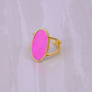 Pink Druzy Oval Handcrafted Bezel <b>Set</b> Adjustable <b>Ring</b> Trendy Gemstone Gold Plated Brass Open Band <b>Rings</b> - Product Image 4