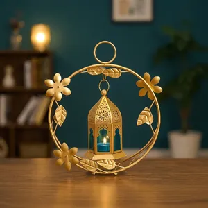 Lanterne Couronne Métallique Dorée avec Porte-Bougie en Verre Bleu pour Bougie Chauffe-Plat – Décoration Maison Durable et Résistante à la Chaleur – Lumière Festive de Pâques - Product Image 6