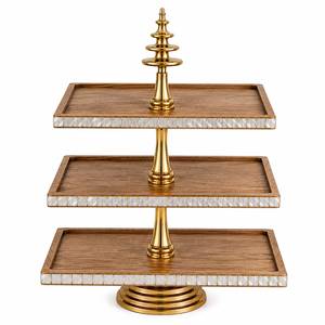Best Seller Three <b>Tier</b> Rectangle Walnut Wooden <b>Cake</b> Stand Gold Frame Luxury Dessert Display Serving Tray for Events - Product Image 3
