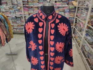 <b>Women</b> Velvet <b>Robe</b> Full Length Mandarin Collar Hand Embroidered Floral Pattern Zipper Closure Soft Cozy Winter Wear - Product Image 4