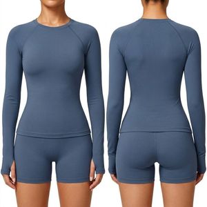 Hot Sale Soft Touch Microfiber Running Shirts Slate Blue Round Neck Long Sleeve Four Way Stretch Breathable <b>Tops</b> - Product Image 1
