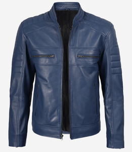 Blouson Moto Homme en Cuir Véritable Bleu, Col Montant, Zippé, Hiver, Style Biker, Personnalisable avec Logo - Product Image 2