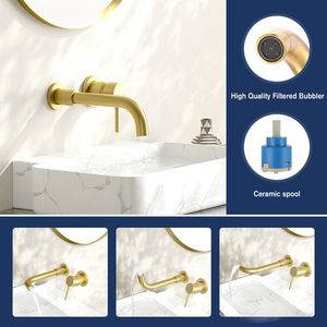 Single-Handle Wall Mount Faucet for Bathroom Sink or Bathtub 3-Hole Brass Rough-in Valve Brushed Gold Basin Faucets - Product Image 4
