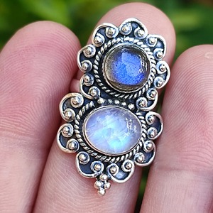 Labradorite and Rainbow Moonstone Ring 925 Sterling Silver Handmade Boho <b>Statement</b> Promise Jewelry for Women Natural Stone - Product Image 5