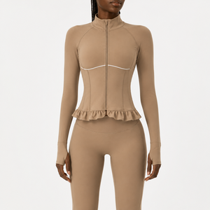 Ruffle Hem Women's Lightweight Adult Fitness Gym Yoga Jacket <b>Long</b> <b>Sleeve</b> Crop <b>Top</b> ODM OEM Private Label - Product Image 2
