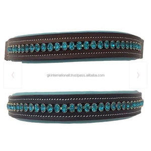 Bande de front de cheval en cuir marron noir avec coutures contrastées de forme droite faite à la main de conception supérieure avec bling décoratif en cristal sarcelle - Product Image 5
