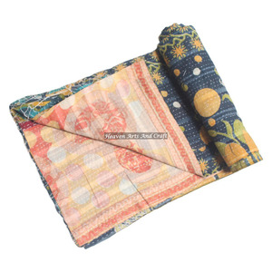 Indian Vintage Cotton Kantha <b>Quilt</b> Indian Reversible Hand Stitched Heavy Throw Old Sari Blanket Patch Work Heavy 3 To 5 Layers - Product Image 1