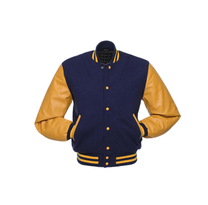 <b>Men's</b> Navy Blue Varsity <b>Jacket</b> With Tan <b>Leather</b> Sleeves Button Closure Preppy Style Autumn Outerwear - Product Image 3