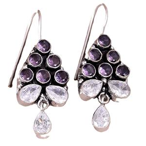 Pendientes Colgantes Étnicos Tribales Bohemios con Flores de Plata Oxidada |   Pendientes Colgantes con Cristales de Amatista |   Bohemio Vintage Indio - Product Image 1