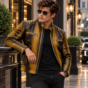Chaqueta de Motociclista para Hombre, de Cuero Genuino con Estampado de Serpiente Negra y Amarilla, Cuello Alto, Transpirable, para Invierno - Product Image 2