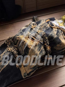 BLOODLINE Men's Black Ripped Distressed <b>Denim</b> Jeans Straight Leg Slim Fit High Waist Cotton Punk Style Autumn Wear - Product Image 3