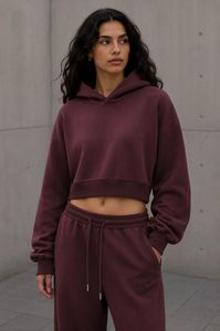 Sweat-shirt à capuche court pour femme, couleur bordeaux, manches longues, couleur unie, tricoté, vêtements décontractés, saison d'automne - Product Image 1