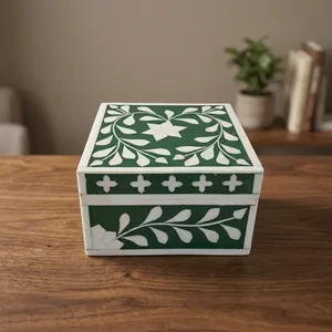 Floral Wooden Jewelry Box Handmade Bone Inlay Trinket Organizer Square Lid Storage Case Decorative Home Decor Storage Gift Box - Product Image 3