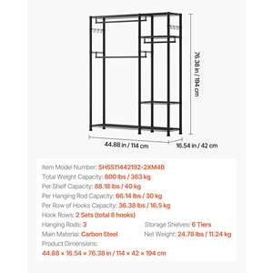 Heavy Duty 6-Tier Adjustable Steel Frame Clothing <b>Garment</b> <b>Rack</b> 800 Lbs Load Capacity 3 Hanging Rods for Bedroom Closet Wardrobe - Product Image 3