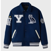 Veste universitaire en laine bleu marine pour homme avec patch brodé hibou sur le devant, style streetwear, col rabattu, coupe classique, pour l'hiver