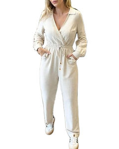 Monos informales para mujer con cuello en V, manga larga, cintura con cordón y bolsillos laterales - Product Image 1