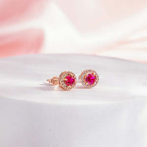 Pink Solitaire Halo Rose Gold Plated 925 Sterling <b>Silver</b> <b>Stud</b> Earrings - Product Image 6