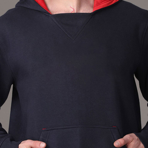 Custom Men’s Navy Blue Pullover <b>Hoodie</b> with <b>Red</b> Contrast Hood Lining Sleeve Piping and Kangaroo Pocket - Product Image 2