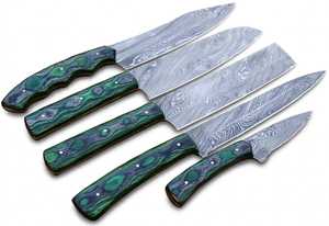 Juego de Cuchillos de Cocina de Acero Damasco Forjado a Mano, 5 Piezas, Mango de Madera Pakkawood Verde - Product Image 1