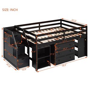 Letto a soppalco in legno Espresso con scrivania estraibile a tutta altezza e 3 cassetti, letto per bambini con scale contenitore e scaffali - Product Image 6