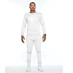 Survêtement en coton blanc pour homme, col rond, manches longues, couleur unie, décontracté, avec poches latérales - Product Image 1
