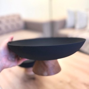 Minimalist Matte Black Metal Serving Bowl Set Elevated On Smooth Pedestal Wooden Bases Ideal For Contemporary Tabletop Displays - Product Image 3