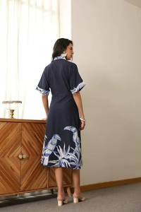 Women's Eco-Friendly Knee-Length Half Sleeve Formal Dress Custom Printed 100% Cotton Indigo Birdscape Design Woven Washable - Product Image 4