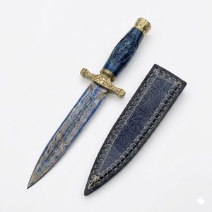 Couteau à lame pointue en acier de Damas avec manche bleu et étui en cuir, lame droite - Product Image 4