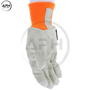 Nouveaux gants de travail utilitaires à doigts complets en cuir gris avec poignets textiles, logo personnalisé, fabricant, haute visibilité, orange - Product Image 3