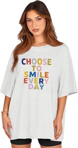 เสื้อยืดผ้าฝ้ายเจอร์ซีย์คอกลมแขนสั้นสีเทาสำหรับผู้หญิง พิมพ์ลาย "เลือกยิ้มทุกวัน" สวมใส่สบายๆ สำหรับฤดูใบไม้ผลิและฤดูร้อน - Product Image 4