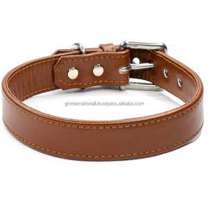 Collar de perro de cuero marrón ajustable y cosido completo duradero con hebilla de latón niquelado y anillo en D - Product Image 6