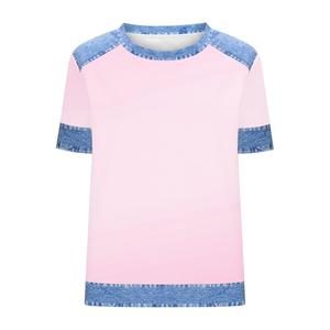 Women's Regular Fit Summer Fashion Contrast Trim Denim <b>Patchwork</b> Short Sleeve Waffle Knit <b>Tops</b> Tee Soft Stretch Casual T Shirt - Product Image 1