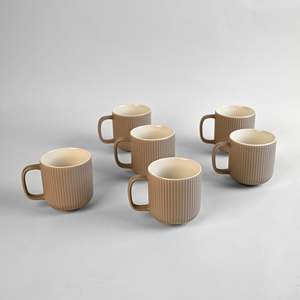 Earth Tone Ribbed New Bone China Mug <b>Set</b> of 6 Glazed Ceramic Mugs <b>Microwave</b> Safe Logo Pattern - Product Image 3
