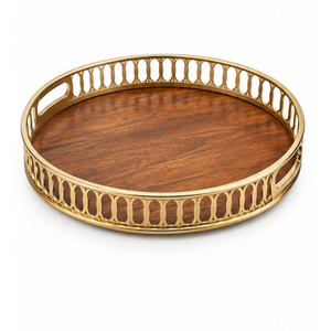 Plateau de service rond en bois de qualité supérieure avec bordure en métal doré découpé, plateau décoratif pour table basse, plateau de service pour hôtel, meilleur prix - Product Image 1