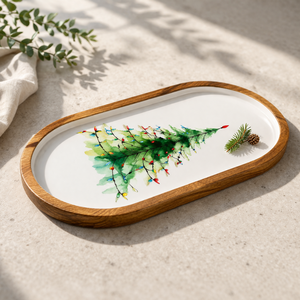 Bandeja ovalada de madera de mango esmaltada con estampado de árbol de Navidad grande, hecha a mano, para servir bocadillos, frutos secos, para uso en el hogar, cocina o restaurante. - Product Image 5