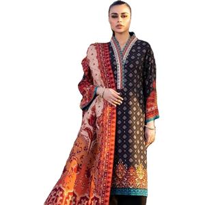 Última colección, 3 piezas, trajes de mujer de lino estampados bordados, ropa Punjabi de diseñador de viscosa para fiestas inspiradas en Pakistán - Product Image 1
