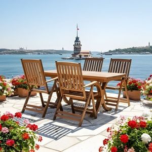 Outdoor Wooden Patio <b>Table</b> Set <b>Folding</b> <b>Chairs</b> Slatted Armchairs Garden <b>Dining</b> Furniture for Deck Yard - Product Image 2