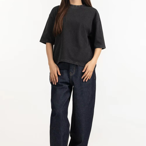 T-shirt décontracté en coton pour femme, col rond, manches courtes, style streetwear, délavé, uni - Product Image 2