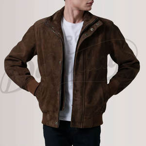 Veste en daim marron foncé pour homme, en véritable peau de mouton, style moto décontracté, coupe ajustée, avec poignets et ourlet côtelés - Product Image 6