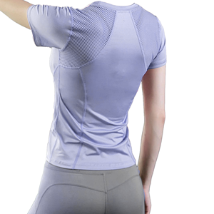 T-shirt ajusté à manches courtes pour femme, dos en mesh, anti-transpiration, vert uni, col rond, haut de sport toutes saisons - Product Image 5