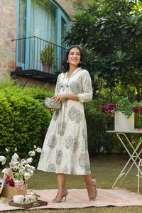 Vestido Midi con estampado de bloques indios de algodón puro para niñas y mujeres, vestido de fiesta de noche de verano informal Maxi estampado, botones a granel, venta al por mayor - Product Image 3