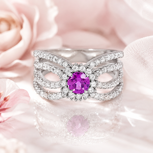 Élégante bague en argent sterling 925 avec rhodium, pierre ronde rose, halo en CZ et bande ondulée pour femmes - Product Image 3