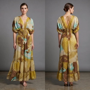 Vestido Maxi Boho para Mujer, Cuello en V, Manga Abullonada, Cintura Elástica, Espalda Descubierta, Volantes en Capas, Estampado Floral, Vestido de Verano - Product Image 2
