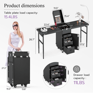 Portable Foldable Rolling Nail <b>Table</b> Desk 2 Desktop Cosmetic Trol <b>Makeup</b> Train Case Manicure <b>Table</b> with Wheels for Nail Teaching - Product Image 3
