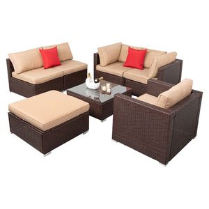 Set Divano Angolare da Esterno in Rattan PE Effetto Legno a 7 Pezzi per Giardini - Product Image 6