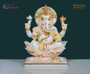 Estatua de Ganesha sobre Loto de Resina Tradicional Hecha a Mano |   Ídolo Decorativo del Dios Ganesha para el Hogar, Templo y Decoración de Regalos - Product Image 1