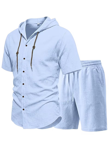 Men Solid Color Hooded Button-Up Shirt Set Elastic Waist Shorts Breathable Knitted Polyester/Cotton 200g Casual Summer Outfit - Product Image 6
